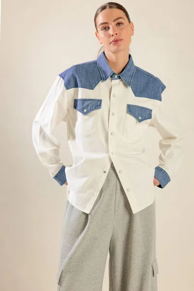 Truedames Keep It Going Woven And Denim Shirt In Blue