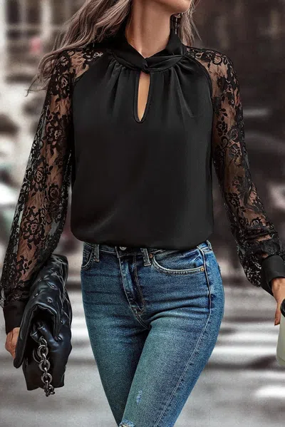 Truedames Keyhole Neckline Floral Lace Raglan Sleeve Blouse In Black
