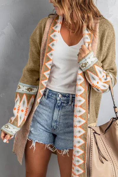 Truedames Khaki Aztec Print Open Front Knitted Cardigan In White