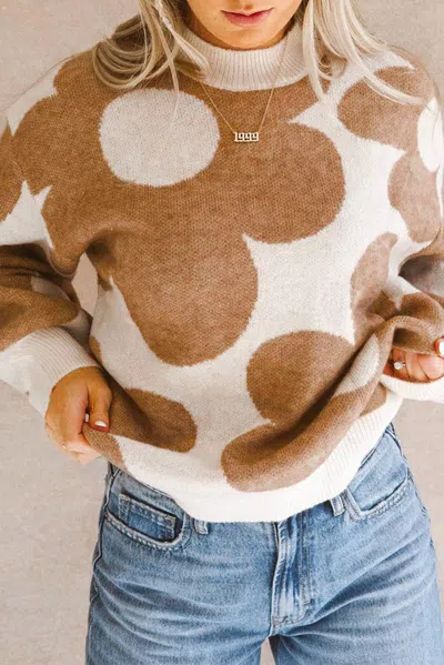 Truedames Khaki Big Flower Pattern Drop Shoulder Sweater In Brown