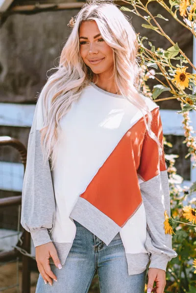 Truedames Khaki Colorblock Stitching Irregular Hem Long Sleeve Top In Multi