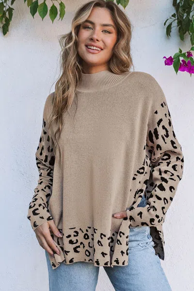 Truedames Khaki Leopard High Neck Side Slit Oversized Sweater In Brown