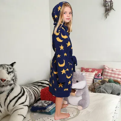 Truedames Kids Star Moon Print Hooded Cozy Robe In Blue