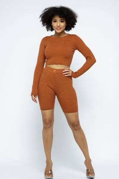 Truedames Knit Long Sleeve Cropped Top Knit High-waist Biker Shorts Set In Brown