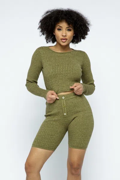Truedames Knit Long Sleeve Cropped Top Knit High-waist Biker Shorts Set In Green