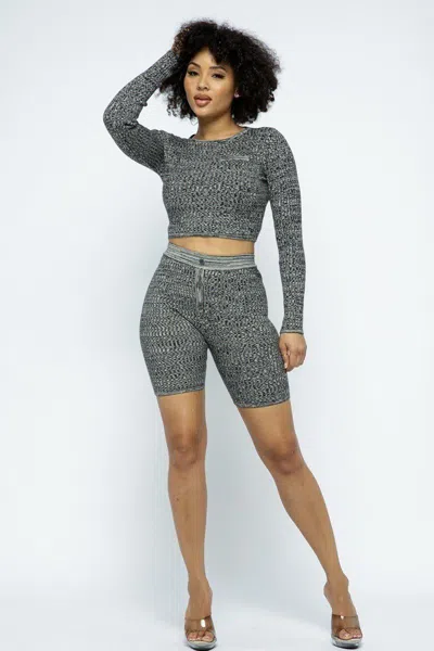 Truedames Knit Long Sleeve Cropped Top Knit High-waist Biker Shorts Set In Grey
