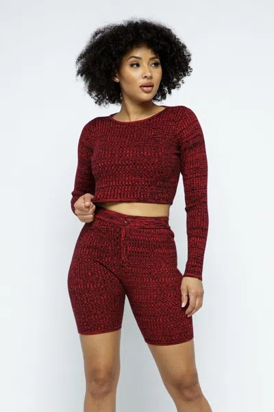 Truedames Knit Long Sleeve Cropped Top Knit High-waist Biker Shorts Set In Red