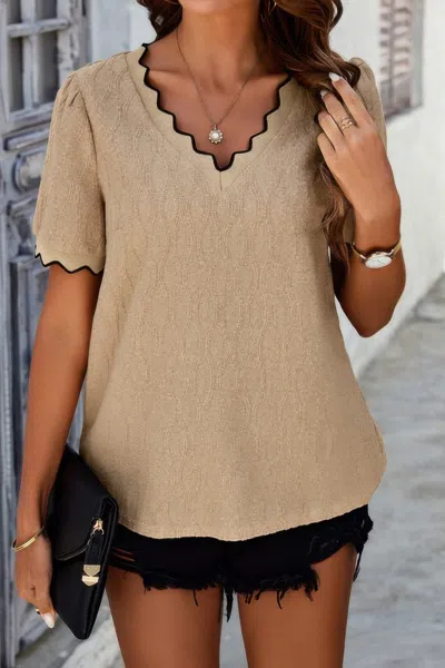 Truedames Knit Loose Fit V Neck Solid Drop Shoulder Top In Neutral