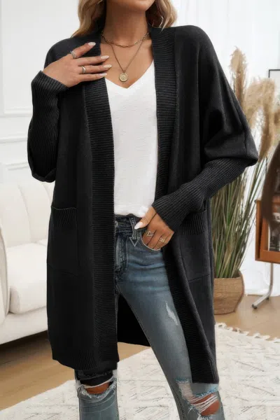Truedames Knit Open Front Bishop Sleeves Pockets Cardigan In Black