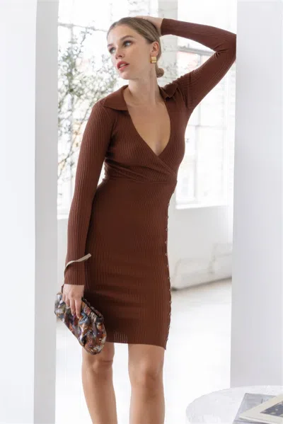 Truedames Knit Ribbed Button Up Detail Collared Long Sleeve Midi Dress In Brown