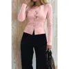 Truedames Knit Round Neck Button Up Long Sleeves Sweater In Pink