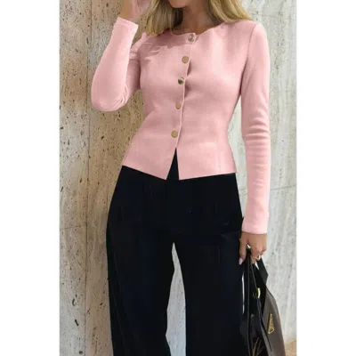 Truedames Knit Round Neck Button Up Long Sleeves Sweater In Pink