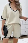 Truedames Knit Solid Deep V Neck Loose Drawstring Loose Set In Neutral