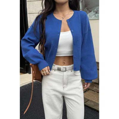 Truedames Knit Solid Round Neck Button Down Cardigan In Blue
