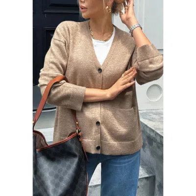 Truedames Knit Solid V Neck Button Pockets Sweater In Brown