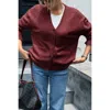Truedames Knit Solid V Neck Button Pockets Sweater In Burgundy
