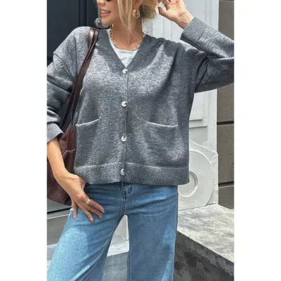 Truedames Knit Solid V Neck Button Pockets Sweater In Gray