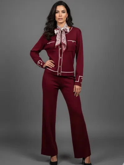Truedames Knit Tailored Ensemble Cardigan & Wide Leg Pants In Red