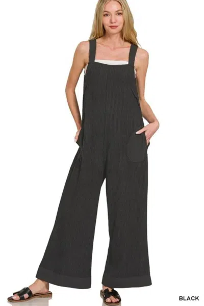 Truedames Knit Waffle Wide Leg Overalls In Black