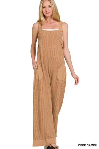 Truedames Knit Waffle Wide Leg Overalls In Brown