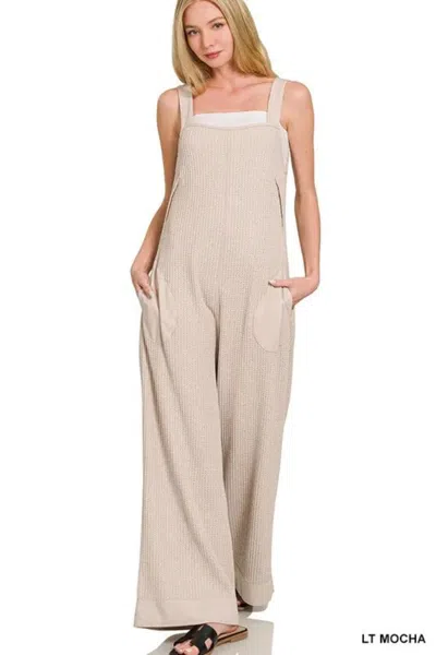 Truedames Knit Waffle Wide Leg Overalls In Neutral