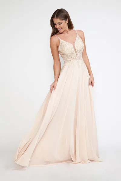 Truedames Lace Appliqué Spaghetti Strap A-line Gown Formal Prom & Evening Dress In Neutral