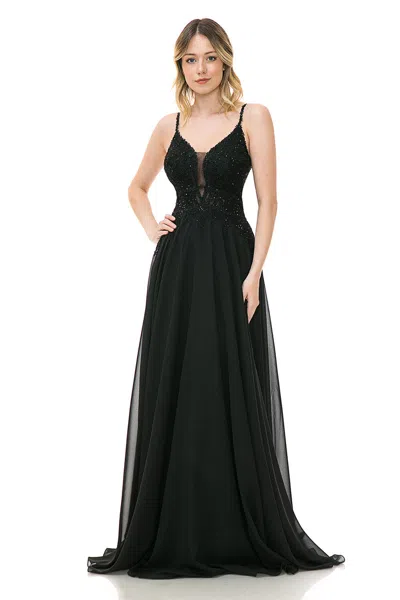 Truedames Lace Appliqué Spaghetti Strap A-line Gown Formal Prom & Evening Dress In Black