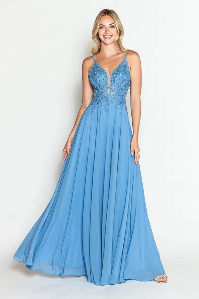 Truedames Lace Appliqué Spaghetti Strap A-line Gown Formal Prom & Evening Dress In Blue