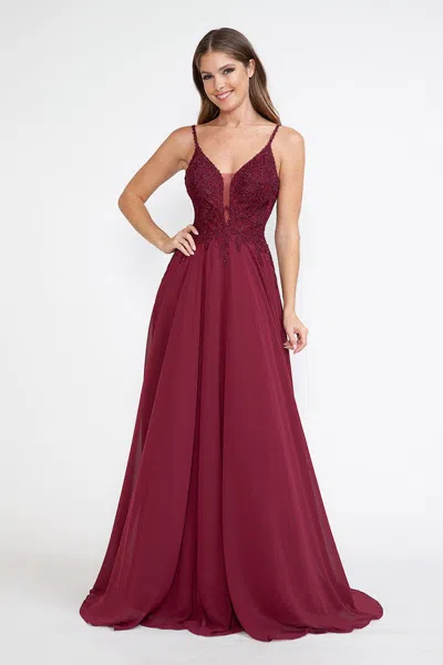 Truedames Lace Appliqué Spaghetti Strap A-line Gown Formal Prom & Evening Dress In Red