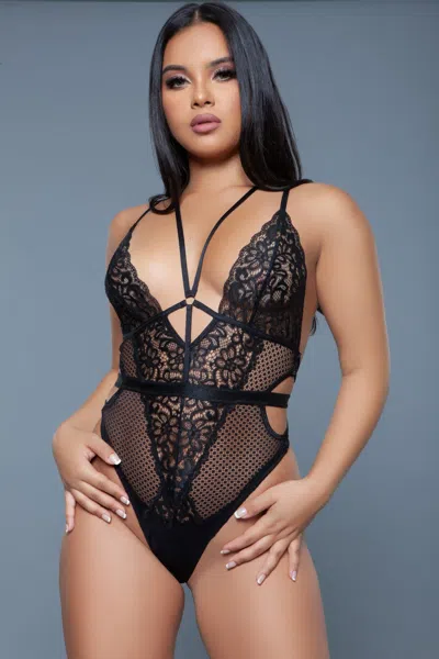 Truedames Lace Bodysuit With Deep V-neck And Side Cut-outs In Multi