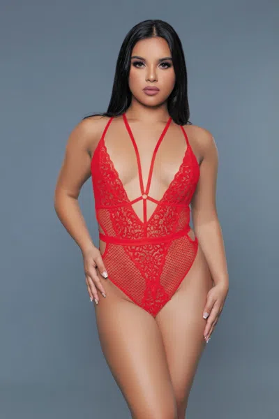 Truedames Lace Bodysuit With Deep V-neck And Side Cut-outs In Red