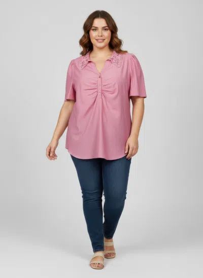 Truedames Lace Collar Button Detail Flutter Sleeve Top In Pink