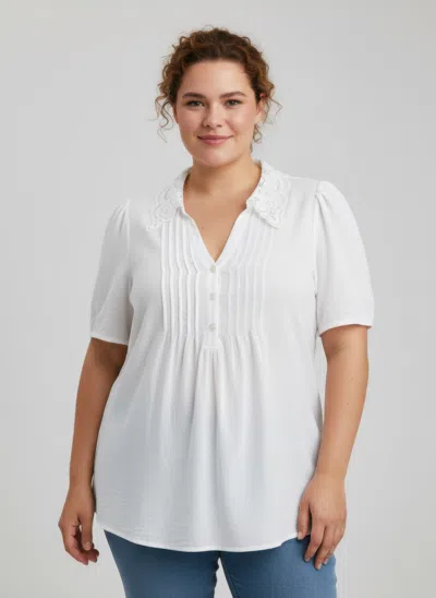 Truedames Lace Collar Button Detail Flutter Sleeve Top In White