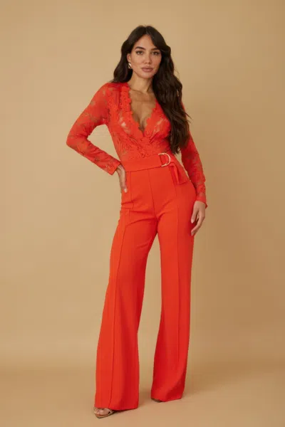Truedames Lace Crochet Long Sleeve Jumpsuit In Red