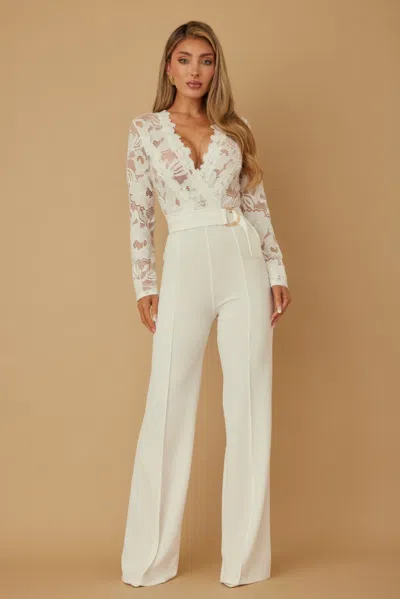 Truedames Lace Crochet Long Sleeve Jumpsuit In White