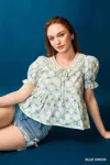 Truedames Lace Detail Bow Print Flounce Sleeve Blouse In Blue