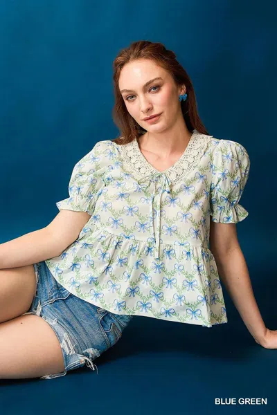Truedames Lace Detail Bow Print Flounce Sleeve Blouse In Blue