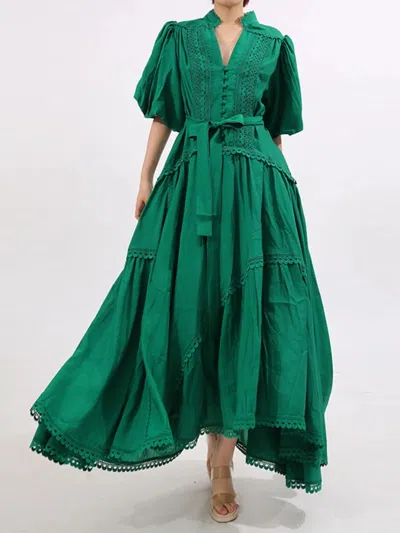 Truedames Lace Detail Notched Puff Sleeve Maxi Dress In Green