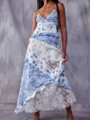 Truedames Lace Detail Ruffled Floral V-neck Maxi Dress In Blue