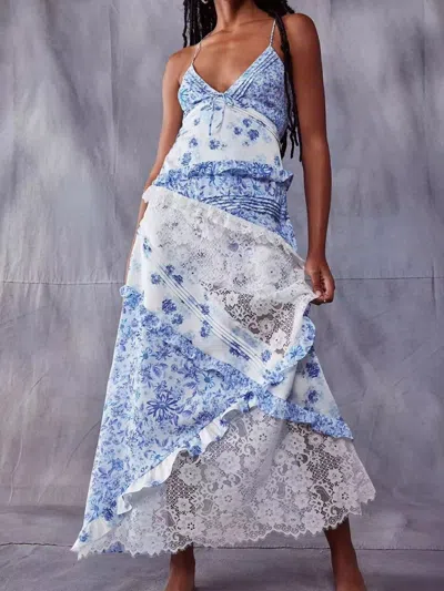 Truedames Lace Detail Ruffled Floral V-neck Maxi Dress In Blue