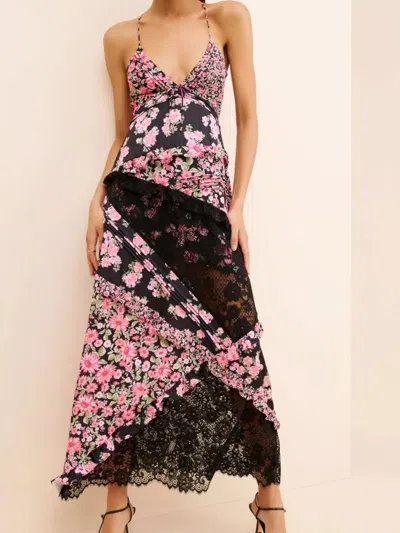 Truedames Lace Detail Ruffled Floral V-neck Maxi Dress In Pink