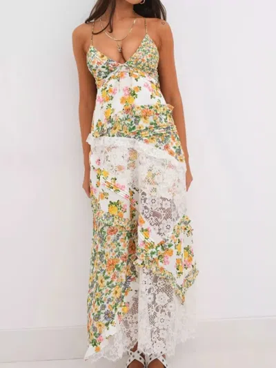 Truedames Lace Detail Ruffled Floral V-neck Maxi Dress In Multi