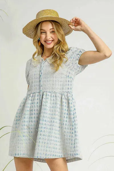 Truedames Lace Detail Short Puff Sleeve Mini Dress In Blue