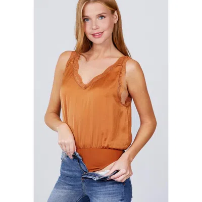 Truedames Lace Detail V-neck Woven Bodysuit In Orange