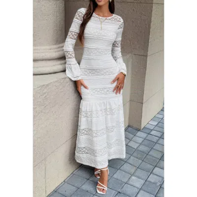 Truedames Lace Mermaid Round Neck Solid Maxi Dress In White