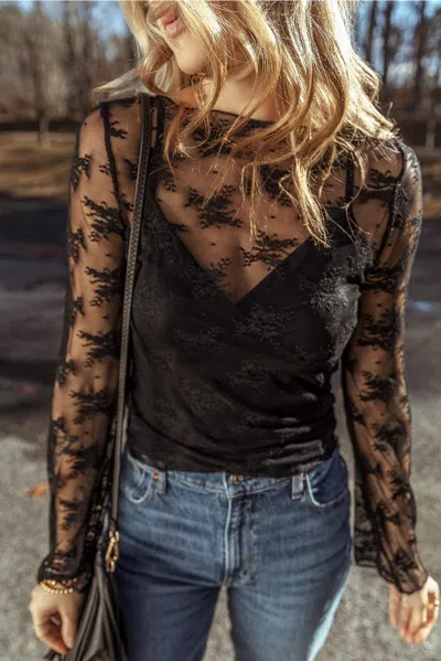 Truedames Lace Mesh Crochet Splicing Slim Fit Long Sleeve Blouse In Black