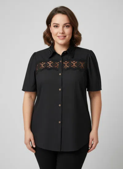 Truedames Lace Panel Button-front Collared Blouse In Black