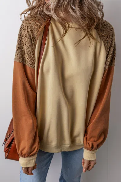 Truedames Lace Patchwork Colorblock Drop Shoulder Sweatshirt In Brown