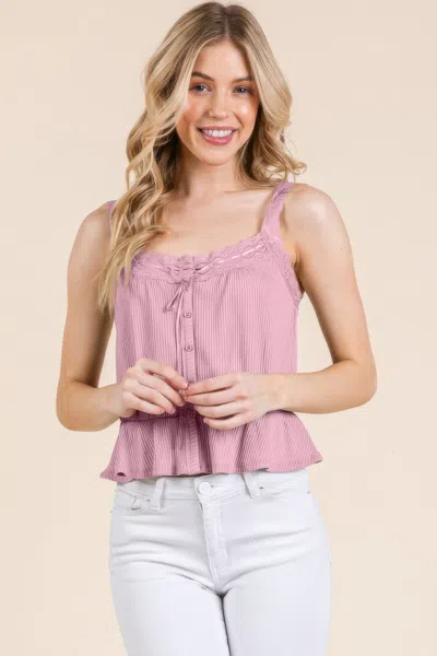Truedames Lace Peplum Tie Front Ribbed Cami Top In Pink