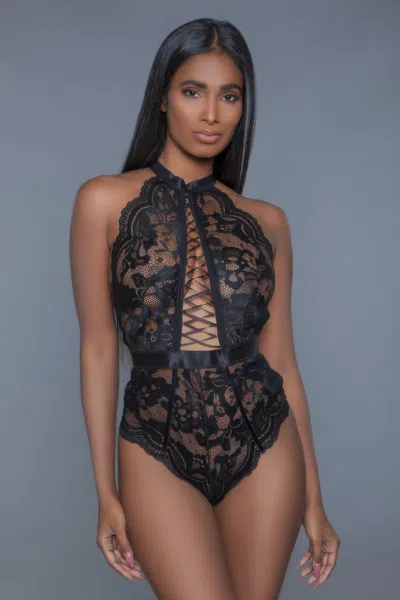 Truedames Lace Plunge Bodysuit With Scalloped Trim In Black